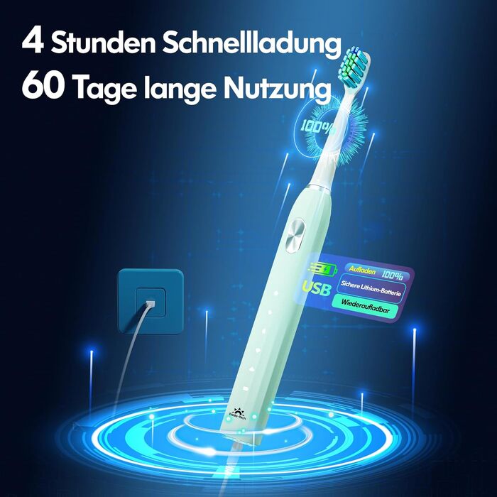 Електрична звукова зубна щітка для дорослих і дітей з 5 режимами чищення, таймером та 9 насадками Ultraschall (Синій/Зелений)