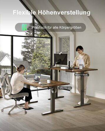 Регульований стіл Devoko 200x80 см з USB-C, електричний, мобільний, з органайзером для кабелів, білий/вінтажний коричневий