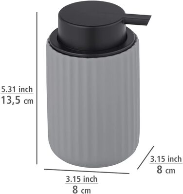 Дозатор рідкого мила WENKO Belluno, дозатор мила багаторазового використання з високоякісної кераміки, дозатор мила з сучасною структурою канавок, м'який на дотик, матовий / чорний, Ø 8 х 13,5 см, об'єм наповнення 300 мл (сірий)