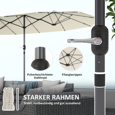 Outsunny Double Parasol 436 x 260 см, Сталева парасолька із захистом від ультрафіолету з ручною рукояткою, Овальна балконна парасолька Пляжна парасолька Вітрозахисна стабільна ринкова парасолька Колінчастий парасольку для пляжного балконного саду, бежева