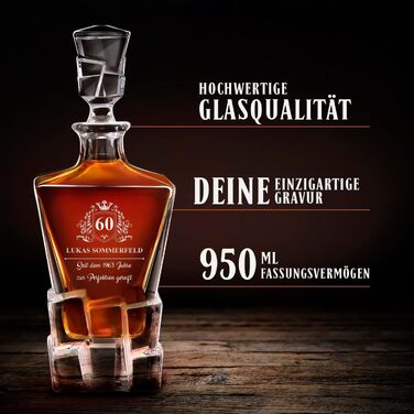 Мавертон Карафа для віскі 950 мл + Набір з 6 склянок для віскі з гравіюванням - Декантер для віскі - Подарунок на Різдво - Люксовий дизайн - Крісталльне скло - для чоловіків на день народження - Корона