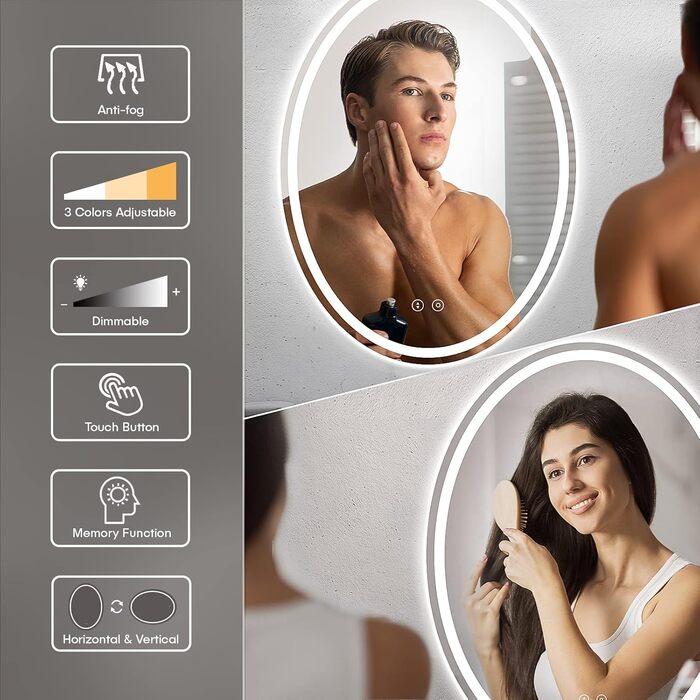 Дзеркало для ванної кімнати Dripex з підсвічуванням LED, сенсорне керування, регулювання яскравості, 3 кольори світла, антизапарник, овальне, 50 x 70 см
