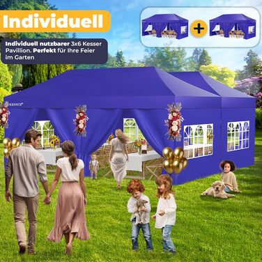 Павільйон KESSER® 6x3м з 6 знімними стінками, для саду, регульована висота, водовідштовхувальний, з сумкою, колісними анкерами, UV-захист 50+, для вечірок (Темно-синій)