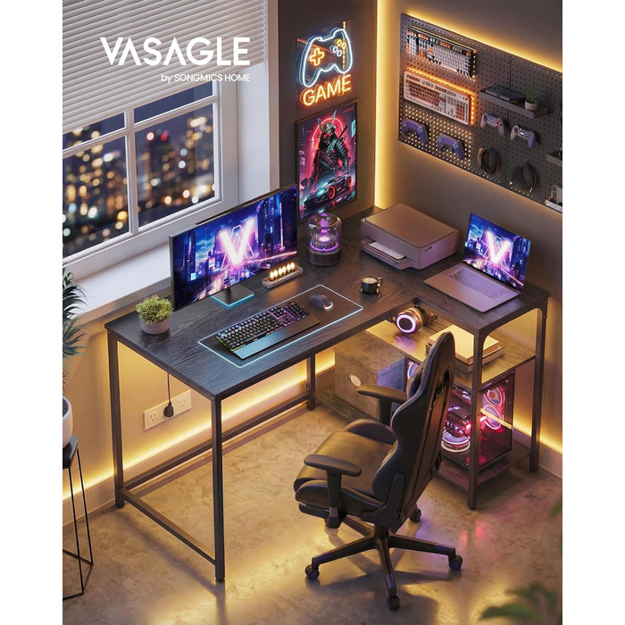 Настільний комп'ютерний стіл VASAGLE L-подібної форми з полицею, для дому та офісу, 110 x 80 см, чорний, без розетки
