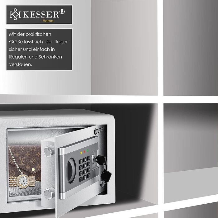 KESSER® Електронний сейф | 38x30x30 см | з батарейним відсіком | 3-х болонний замок | Настінний/підлоговий сейф | Внутрішнє освітлення | Срібний