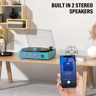 Вініловий програвач ретро-стилю з Bluetooth, портативний, 3 швидкості (33/45/78 об/хв), вбудовані стереодинаміки, RCA та AUX, синій
