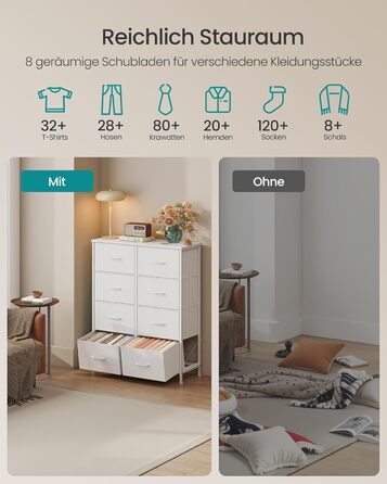 SONGMICS Комод з 8 висувними ящиками, шафа для зберігання, сталь, MDF, фліс, для спальні, прихожей, вітальні, вінтажний коричневий-чорний, LGS124BH04 (8 ящиків, хмарно-білий + сніжно-білий)