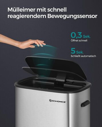 Відро для сміття SONGMICS з датчиком 50 л, з м'яким закриттям, з нержавіючої сталі, з кільцем для пакетів, 15 пакетів в комплекті, срібний (LTB610E50)