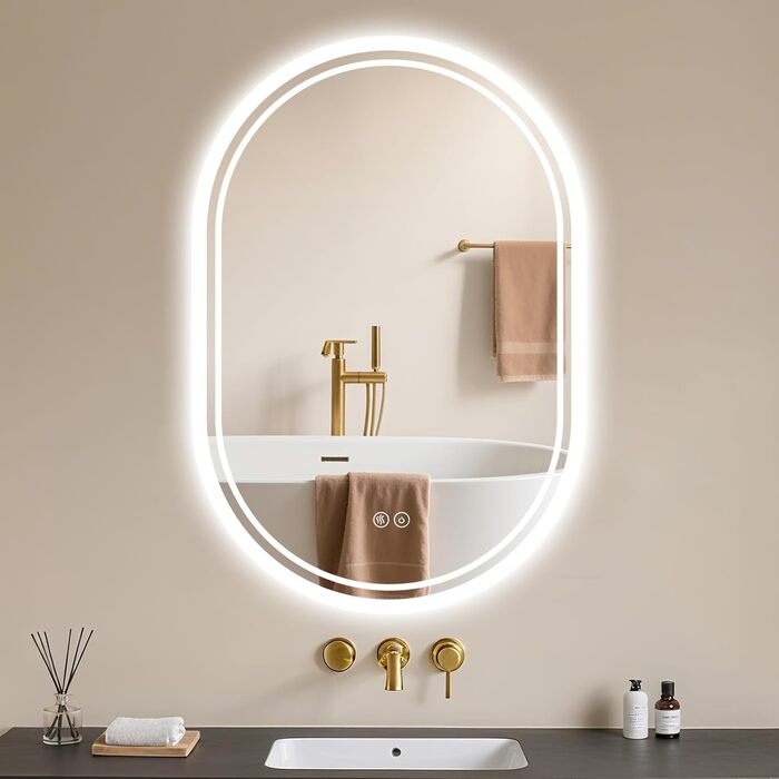 LED дзеркало для ванної кімнати Badspiegel з підсвічуванням, антизапар, сенсорне керування, регулювання яскравості, 3 кольори світла, овальне, 50x70 см