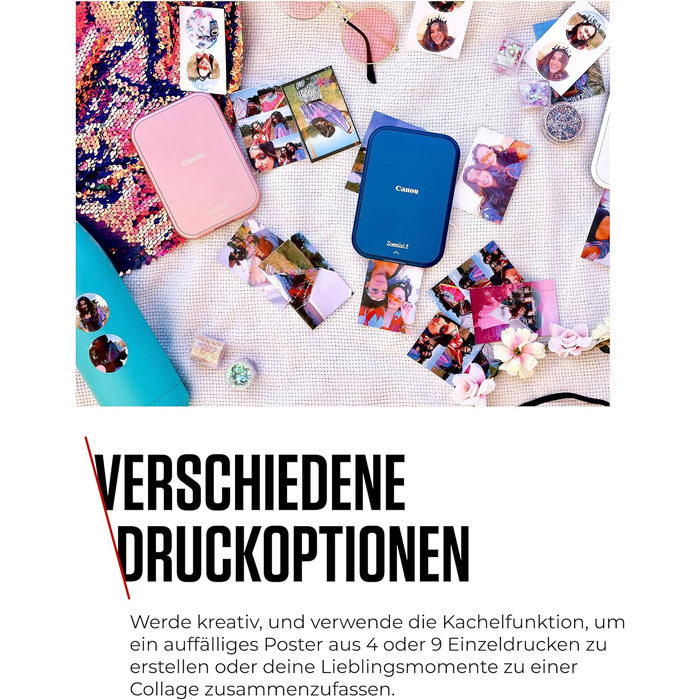 Canon Zoemini 2 Marineblau: Міні-принтер для фотографій, мобільний, компактний, з вбудованим акумулятором. Друкує фото 5x7,6 см зі смартфону/планшету. У комплекті: 20 шт. Zink паперу та 10 шт. круглих наліпок.