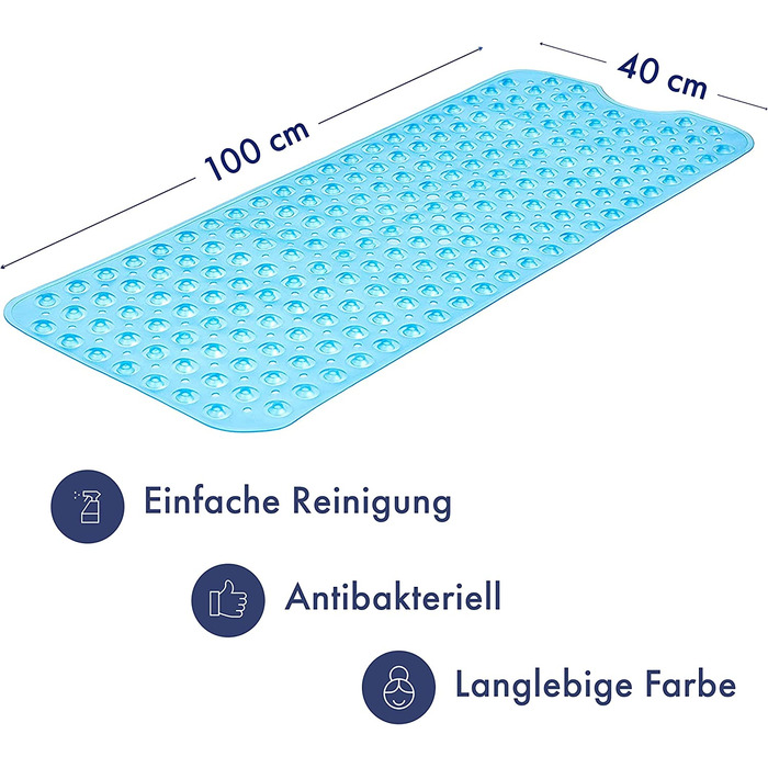 Нековзний килимок для ванної з присосками 100x40 см/40x16 дюймів наддовгі килимки для ванної Можна прати в пральній машині, без латексу Килимок для душу ідеально підходить для літніх людей і дітей (синій)