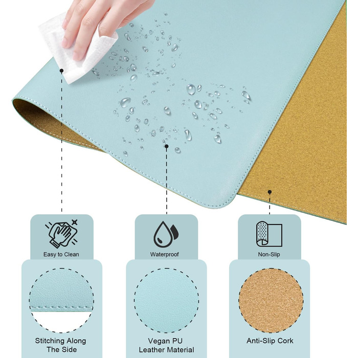 Шкіряний килимок для столу BLESWIN, великий протиковзаючий килимок для миші та ноутбука, підкладка для письма та декору робочого столу (140x43 см, блакитний)