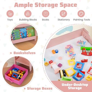 Дитячий столик Dreamade 4 в 1 з 2 стільцями: дерев'яний набір з дошкою та полицями, столик-стілець для дітей з 2 тканинними коробками, рожевий