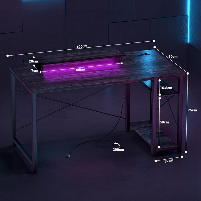Ігровий стіл з LED підсвічуванням та розетками, стіл для комп'ютера з USB, стіл для ігор з підставкою для монітора, сучасний офісний/студентський стіл для офісу та ігрової кімнати (грабовий дуб)
