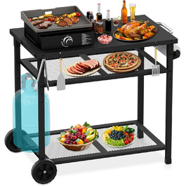 Гриль-вогнівку з грилем та піч для піци на коліщатках - стіл для гриля та піци для вулиці з двома сітчастими полицями для дому, вечірки, кемпінгу