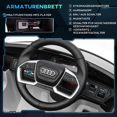 HOMCOM Електромобіль для дітей 12V, модель Audi E-tron з дистанційним керуванням, ременем безпеки, музикою (MP3/USB/TF), ідеальний для дітей 3-5 років, максимальна швидкість 3-5 км/год, колір – білий.