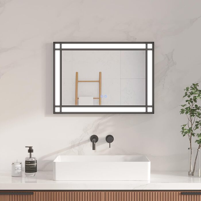 Дзеркало для ванної кімнати AQUABATOS LED з підсвічуванням 50x70 см, імітація вікна, сенсорне регулювання, антизапар, чорний алюмінієвий каркас, індустріальний стиль