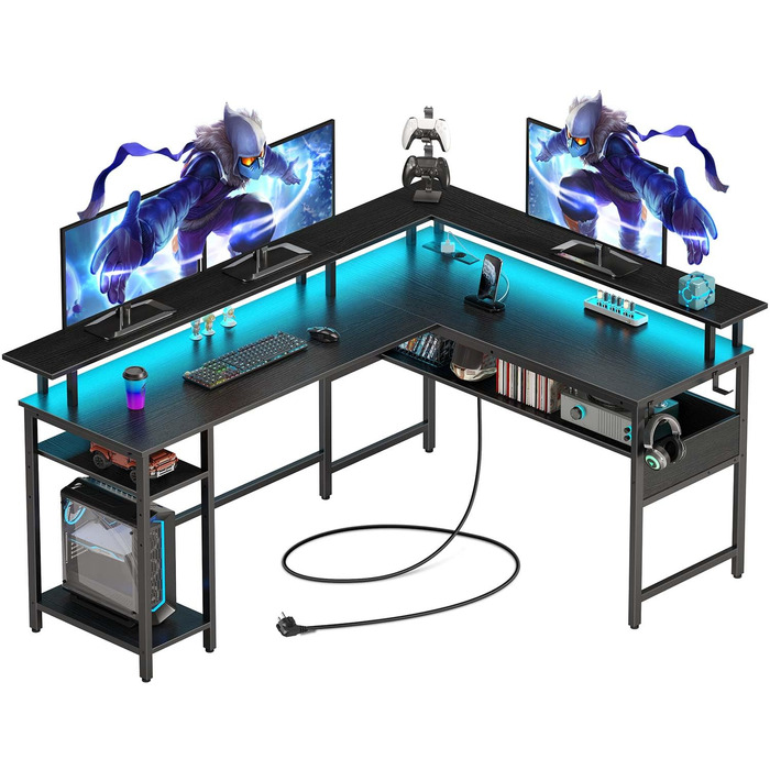 Ігровий стіл Rolanstar L-подібної форми з LED-підсвіткою та розеткою, 137 x 108 см, комп'ютерний стіл з підставкою для монітора та місцем для зберігання, реверсивний кутовий стіл для офісу/домашнього офісу (чорний)