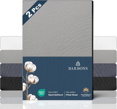 Простирадло BARBONS Premium Fitted Sheet 160x200 см сертифіковане Oeko-TEX, 100 бавовняне простирадло, трикотажне простирадло, простирадло, висота матраца до 25 см ( 160x200 2 шт. ) (Простирадло 180x200 см (2 шт. ), світло-сірий)