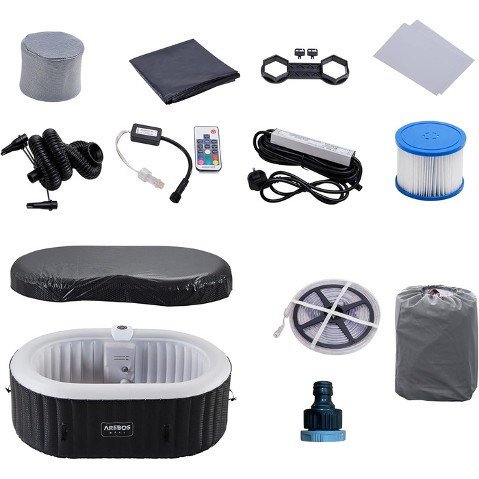 Надувний джакузі Arebos Whirlpool з LED-підсвіткою та підігрівом, 190x120 см, 90 масажних форсунок, 550 л, для 2 осіб, з кришкою