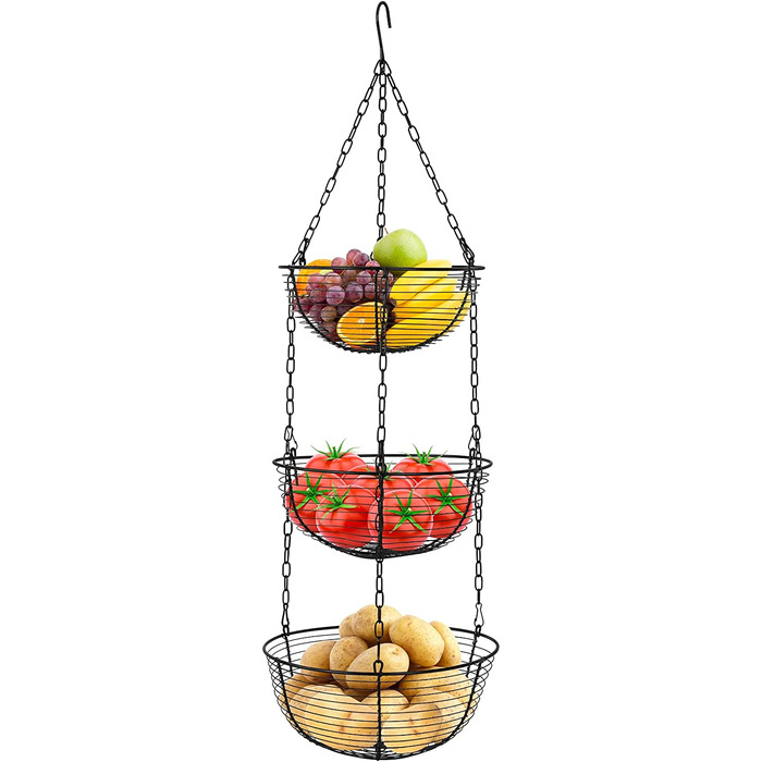 Підвісна кошик Hossejoy 3 поверхи, підвісна кошик для фруктів з стельовим гачком, підвісна кухонна ваза для фруктів 76 см, металева корзина для овочів (Південна Кароліна