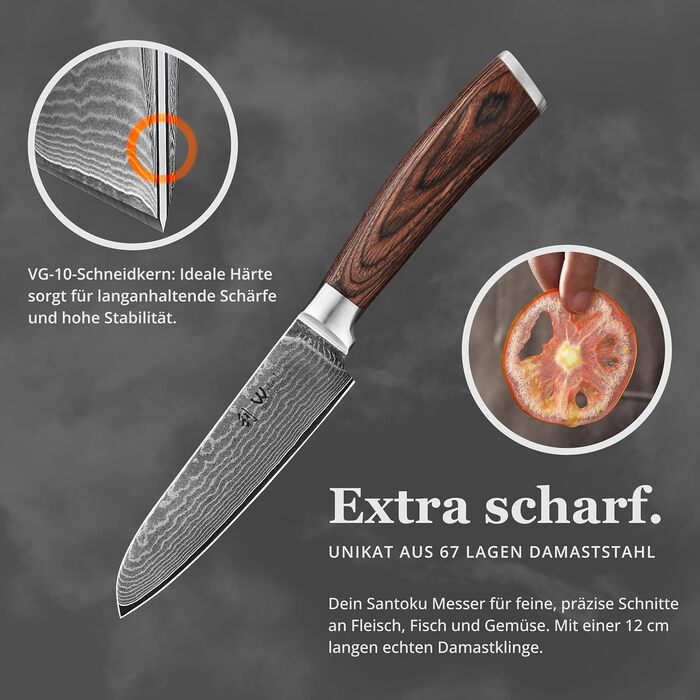 Японський ніж Wakoli EDIB Santoku з дамаської сталі (серцевина VG10), 12.5 см – гострий та зручний. Ніж Сантоку з ручкою з паккавуду в подарунковій коробці, для овочів та фруктів