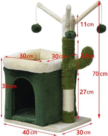 Котяче дерево фудаджо для кішок кактусове дерево для лазіння 70 см з 4-міліметровим будиночком для кішок з сизалю і 3 ігровими м'ячами