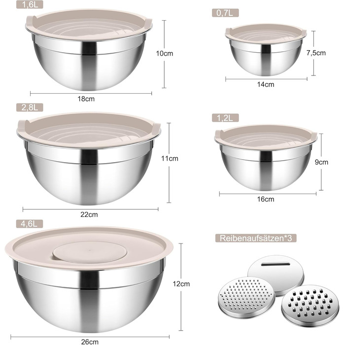 Набір мисок Homikit: 5 мисок з нержавіючої сталі з кришками та силіконовим дном, мультифункціональні, складані, придатні для миття в посудомийній машині, 6.6L / 3.5L / 2.5L / 1.5L / 1L (Хакі, з 3 тертками)