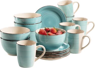 MÄSER Bel Tempo II Набір посуду для сніданку на 6 осіб, вінтажний стиль, ручне розписування, 18 предметів, кераміка, бірюзовий, Steingut Türkis/Ausflug, однотонний (Getaway Solids)