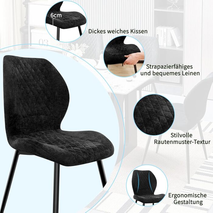 Набір з 4/6 стільців для їдальні, кухні, вітальні, чорного кольору, ергономічні, оббивка з льону