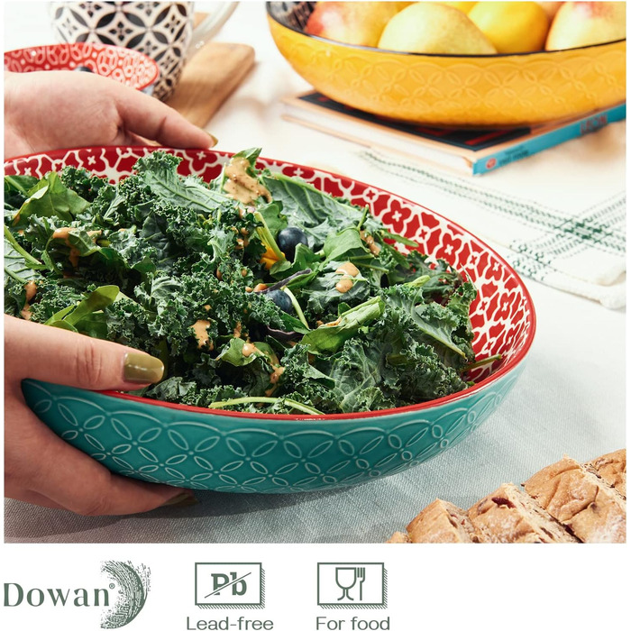 Салатник DOWAN 2000 мл, набір 2 шт, діаметр 24.1 см, порцеляновий, для пасти, мікрохвильова піч, посудомийна машина, штабельовані, різнокольорові
