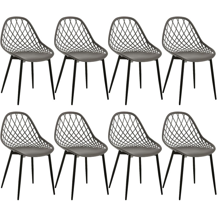 Стільці для їдальні та кухні з порожнистою спинкою, стільці для вітальні з металевими ніжками, пластикові стільці для кухні, вітальні, балкону, скандинавський сучасний стиль, білий колір, K0018EZS-4 (сірий, набір 8 шт.)