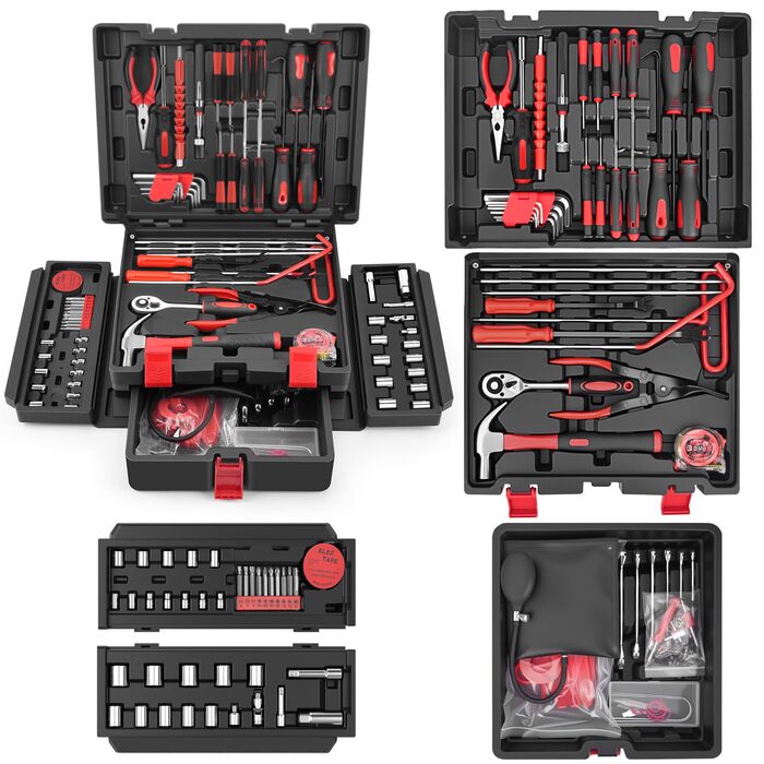 Набір інструментів Sundpey 379 предметів у кейсі з висувним ящиком, універсальний набір для дому та ремонту, червоний (132 предмети)