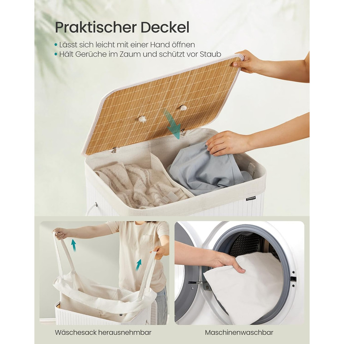 SONGMICS Кошик для білизни з кришкою, 2 відділення, бамбук, складаний, знімний мішок, для прання, з ручками, 120 л, білий