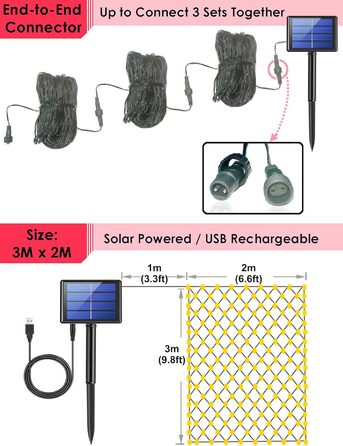 Світлодіодна мережа 3x2M, сонячна/USB, водонепроникна, теплий білий, для Різдва, саду, 204 LED