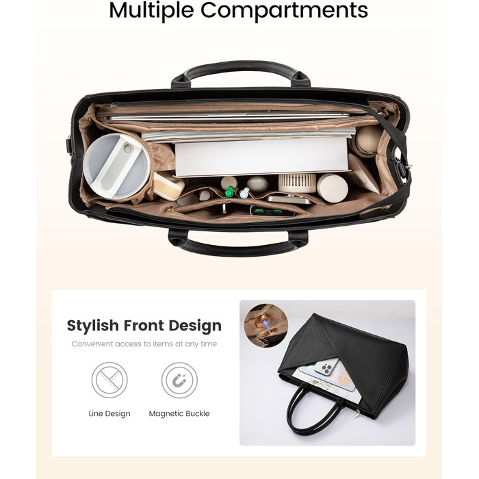 LOVEVOOK Сумка для ноутбука 15.6 дюймів, жіноча, велика, шкіряна, на плечі, для роботи, навчання, офісу, універсальна, чорна