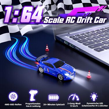 RC Дрифт-кар Mini Drift 1/64 з LED підсвіткою, 2 режими швидкості, 2.4GHz, блакитний – іграшка для дітей та дорослих, комплект з трасою та перешкодами