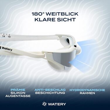 Водянисті окуляри для плавання з обробкою проти запотівання - Тренування, змагання (дзеркальні, захист від ультрафіолету) - Не залишає слідів навколо очей - Окуляри для плавання для дорослих, підлітків (білі/сріблясті)