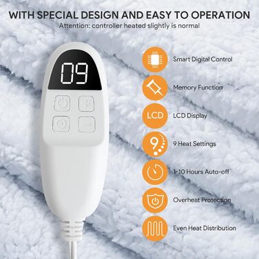 Електрична гріюча ковдра 160x130 см з автовимкненням, 9 режимів нагріву та таймером. Захист від перегріву, пральна, тепла ковдра для дому та офісу сірого кольору 160x130 см