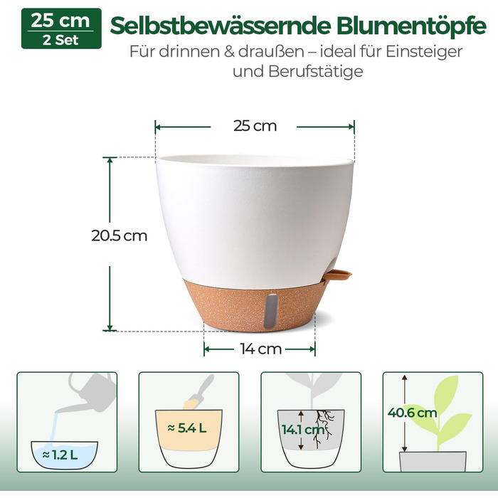 Набір 4 самополивні горщики для квітів T4U з індикатором рівня води, легкі у догляді, великі (25 см, білі)