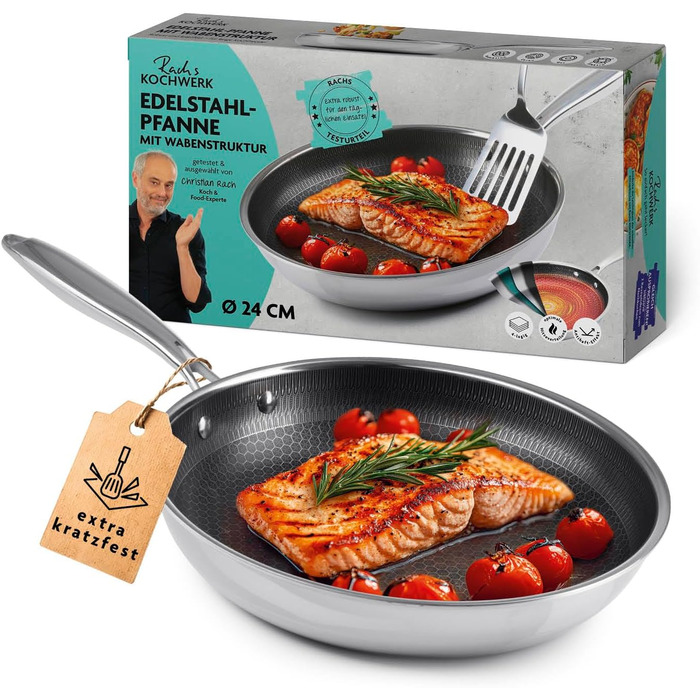 Сковорода Kochwerk Rachs з вафельною структурою ⌀28 см | Сковорода з нержавіючої сталі з антипригарним покриттям та високим бортиком | Підходить для всіх типів плит | Стійка до подряпин та придатна для духовки | З рецептами ⌀28 см