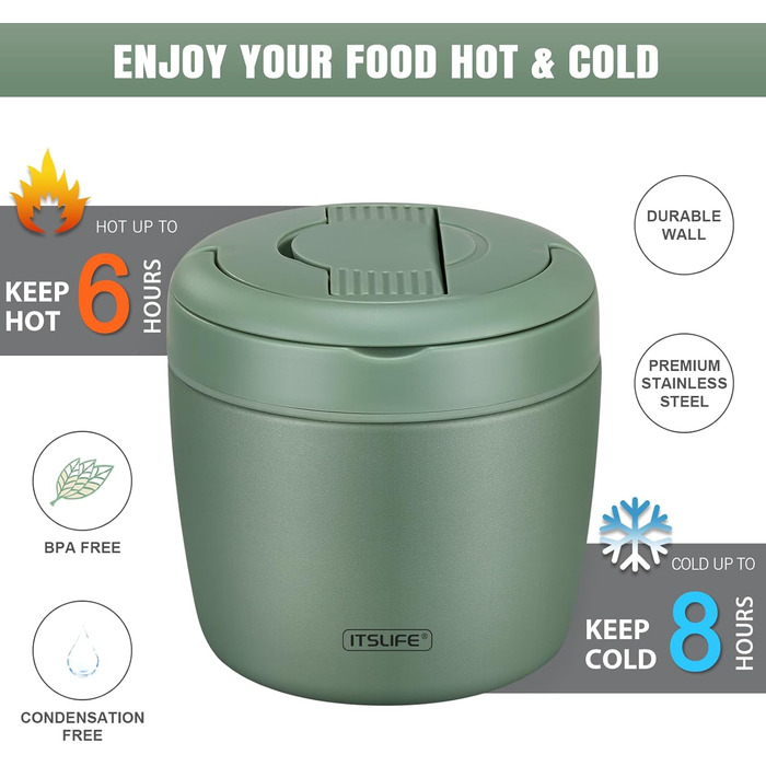 Термоконтейнер для їжі Itslife 970 мл, термоконтейнер з кришкою, з нержавіючої сталі з ложкою, термотермос для їжі, термоланчбокс для супів, дитячого харчування, каші (зелений)