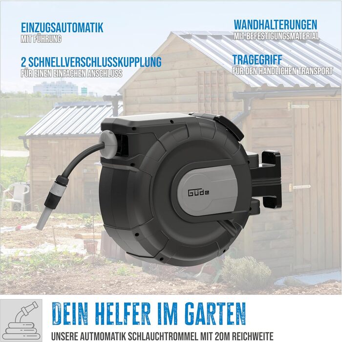 Güde Автоматичний шланг для поливу 20 м з кріпленням на стіну, поворотний 180°, з автоматичним змотуванням