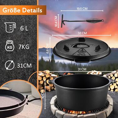 Нідерландський горщик (Dutch Oven): набір, чавунний котел з кришкою-підйомником, 2-в-1, 6 літрів, чорний, для приготування їжі на вулиці та вдома