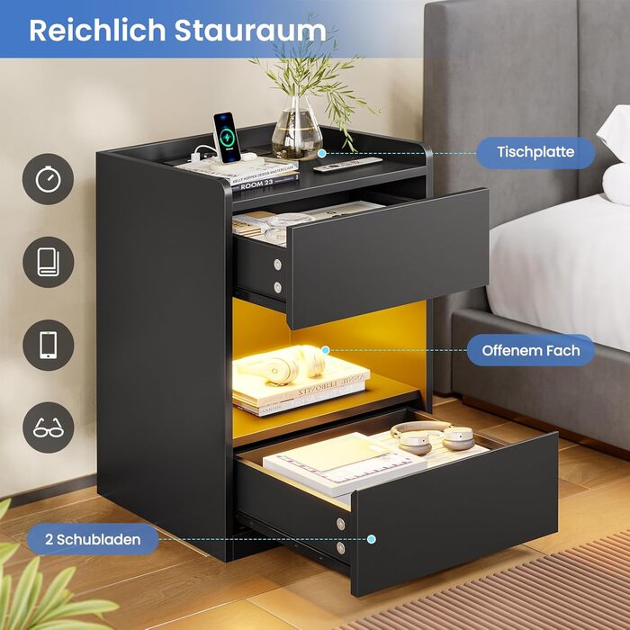 Нічний столик AOGLLATI з LED-підсвічуванням та зарядкою, з шухлядами та полицею, білий (40x35x60 см)