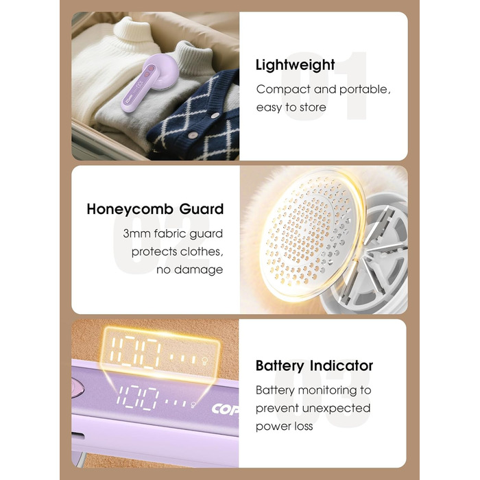 Електричний видальник ворсу COPPA з 6 лезами, 3 швидкості, перезаряджається, портативний, з індикатором заряду, для одягу (білий/фіолетовий)