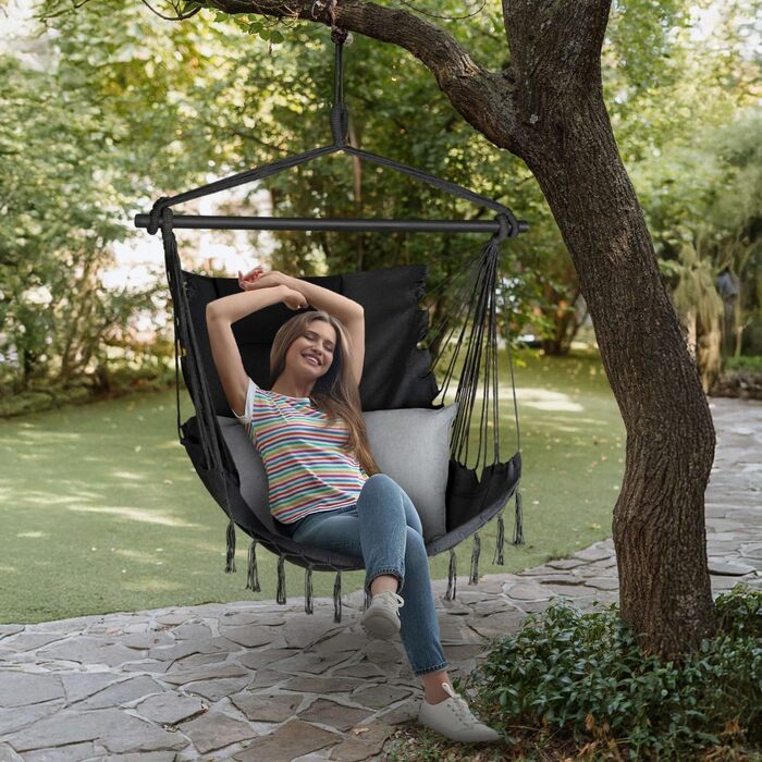 Підвісне крісло-гойдалка з подушкою 100x130x75 см, до 150 кг, для саду та дому, чорне