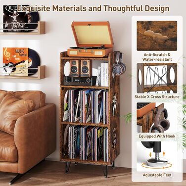 Стійка для програвача 4 яруси, вінтажний приліжний столик, полиця для програвача з місцем для зберігання платівок, дерев'яний стійкий для платівок, уміщує 300+ альбомів, для вітальні, спальні, офісу, коричневий