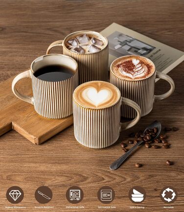 Набір посуду GBhome з каменю, 12 предметів, для 4 осіб, ручна робота, з реактивною глазур'ю, безпечний для мікрохвильової печі та посудомийної машини (Cappuccino, 6 чашок)