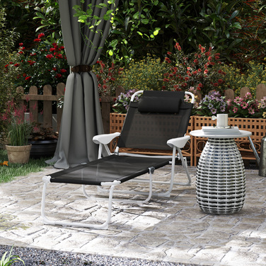 Розкладне крісло для відпочинку на сонце з подушкою для голови, крісло для саду з регульованою спинкою у 4 положеннях, витримує до 120 кг, чорного кольору.